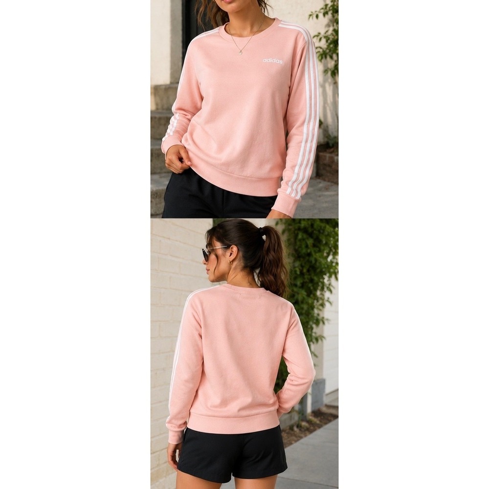 Adidas Womens Peach Pink 3-Stripe Crewneck Sweatshirt Size S Sporty Pullover